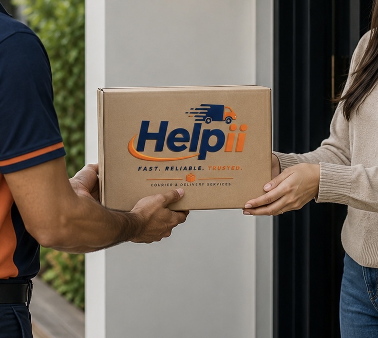 Helpii courier handing a branded parcel to a customer